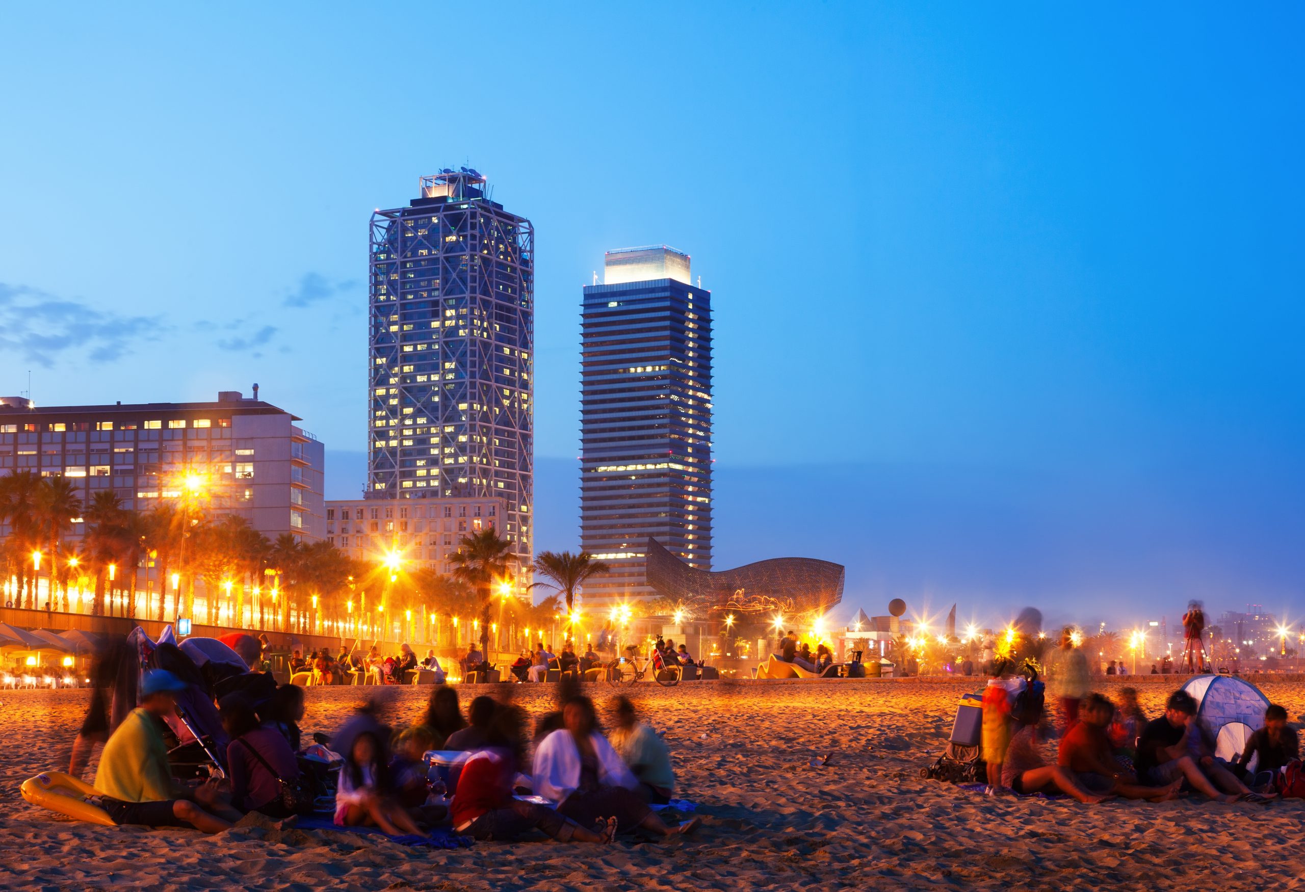 Somorrostro Beach in summer evening. Barcelona, Spain